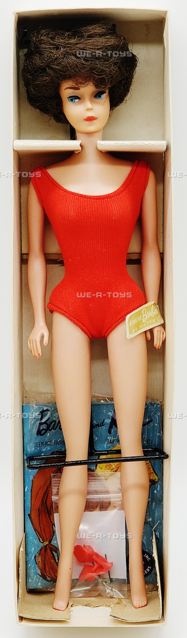 Vintage 1962 Dark Brown Bubble Cut Barbie Doll in Red Swimsuit By