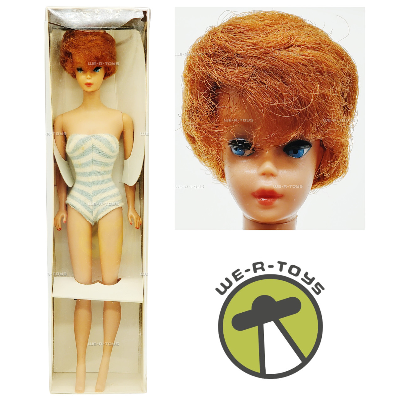 Vintage 1961 Titian Redhead Bubble Cut Barbie Doll in Blue Striped