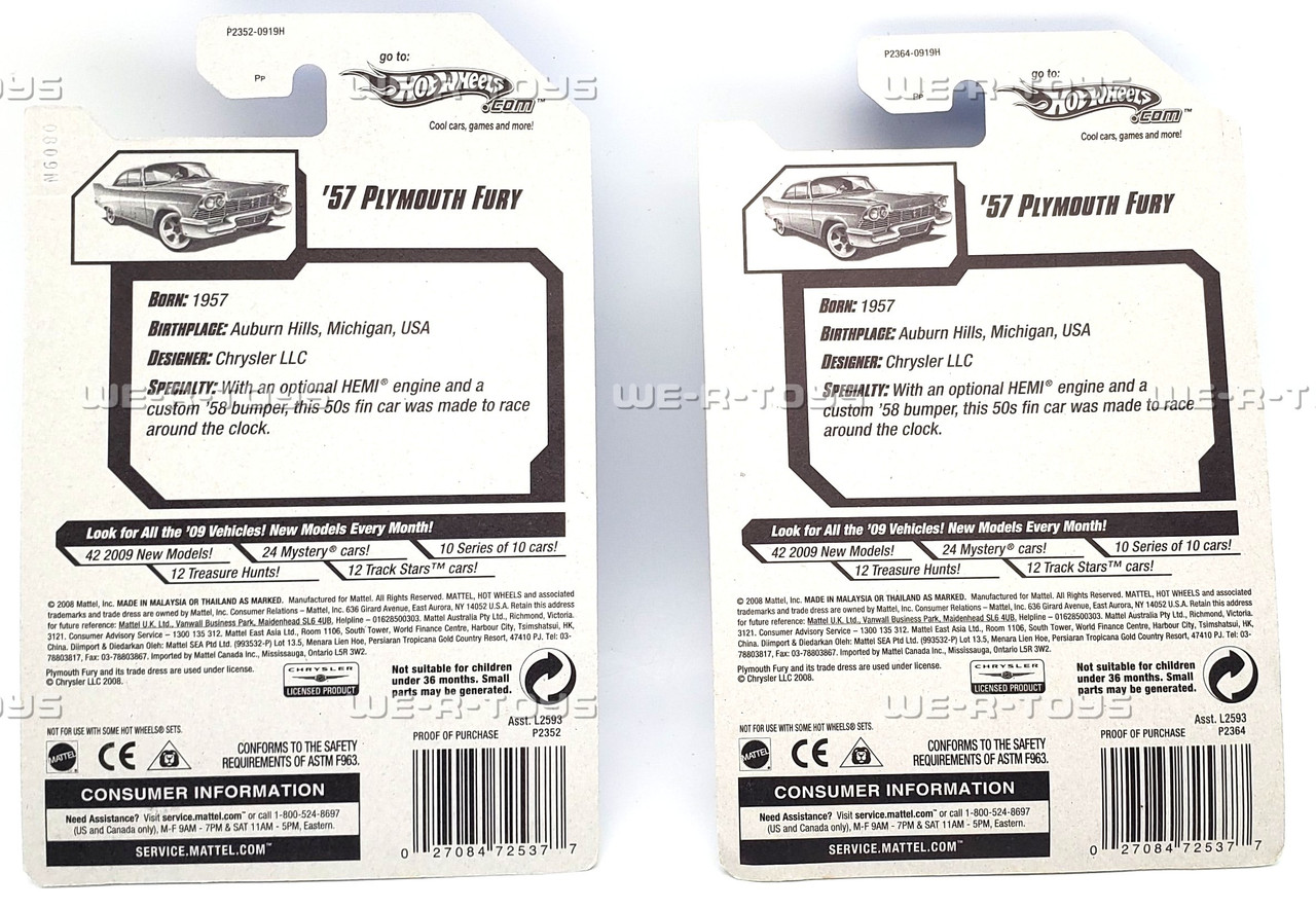 Hot Wheels Lot of 2 '57 Plymouth Fury Vehicle 2/12 Treasure Hunts