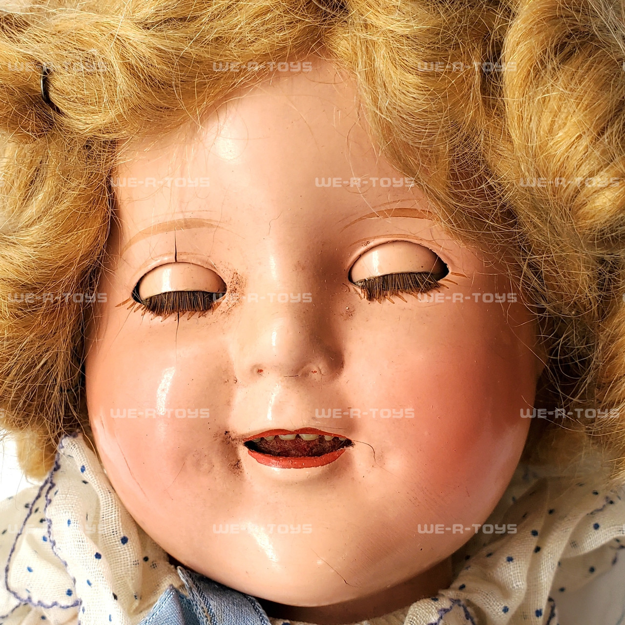 Vintage Ideal 1930s Shirley Temple Composition Doll in Blue Polka