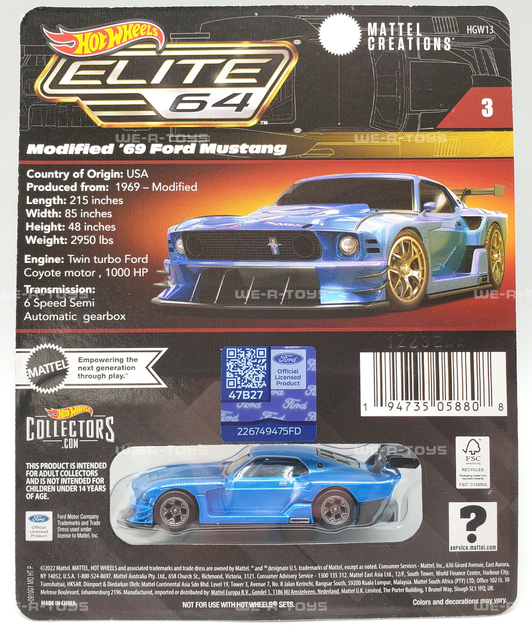 Hot Wheels Elite 64 Modified '69 Ford Mustang Vehicle Mattel HWG13
