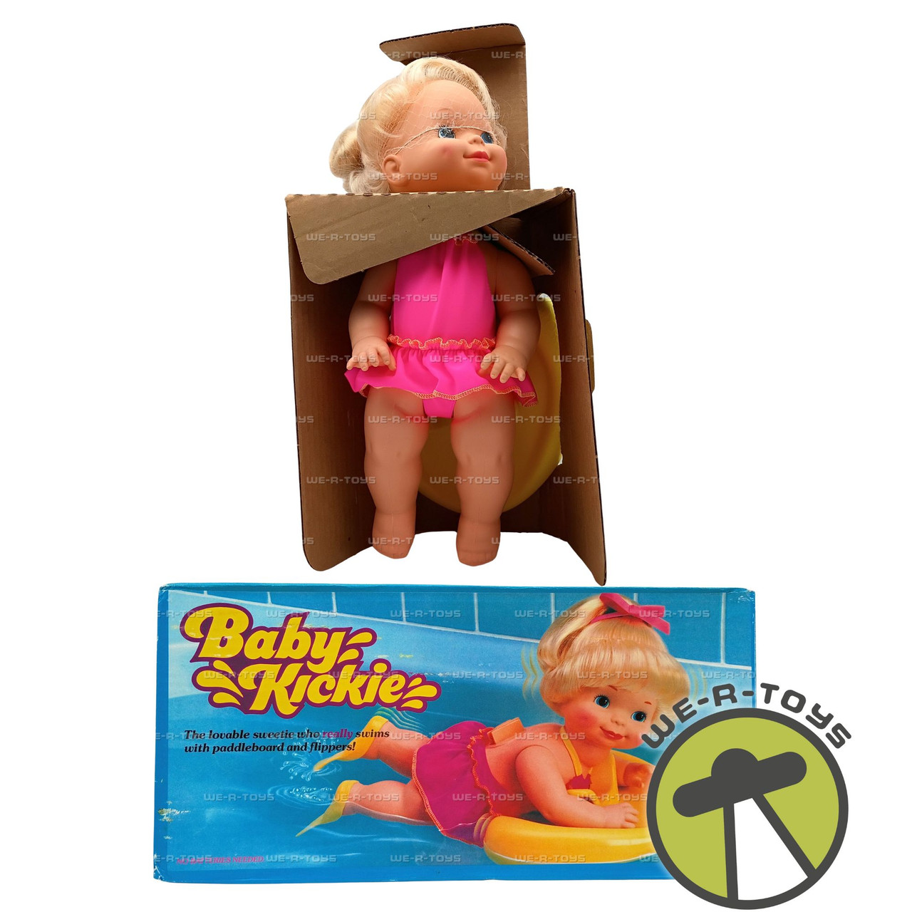 Baby Kickie Blonde Doll In Swimsuit w/ Paddleboard & Flippers 1984
