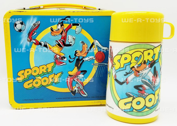 Disney Sport Goofy Tin Metal Lunchbox Walt Disney Aladdin Industries and Thermal Cup USED