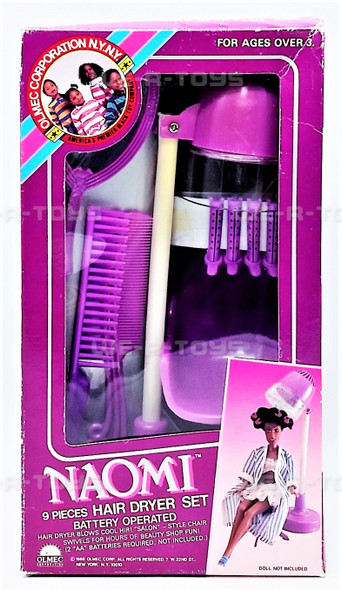 NAOMI 9 Piece Battery Operated Hair Dryer Set Doll Accessory 1988 Olmec NEW