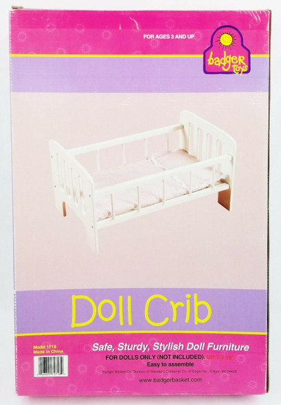 Badger Toys White Doll Crib with Pink Checked Bedding Model No. 1718 NRFB