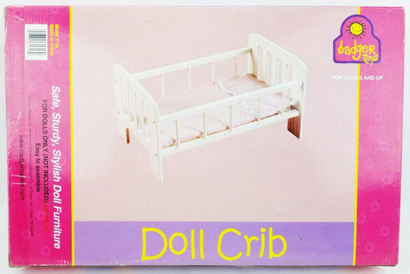 Badger Toys White Doll Crib with Pink Checked Bedding Model No. 1718 NRFB