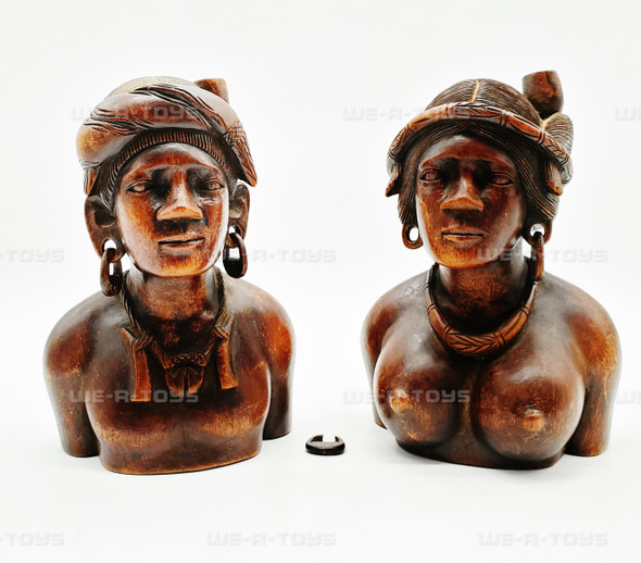 Hand Carved African Tribal Bust of a Man & Woman Vintage 1960s
