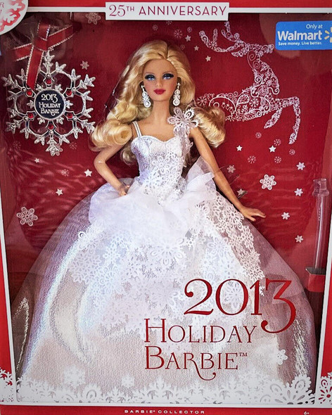 Barbie 25th Anniversary 2013 Holiday Barbie Doll Blonde with Gift Ornament Mattel X9195 