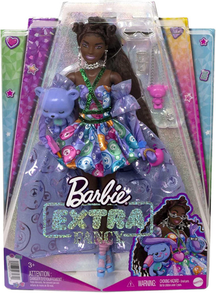 Barbie Extra Fancy Doll in Teddy-Print Gown with Sheer Train, Teddy Bear Pet