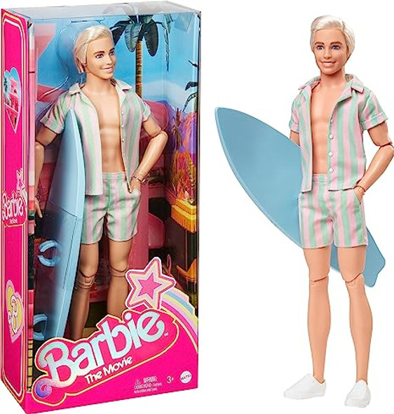 Barbie The Movie Ken Doll in Pastel Pink & Green Striped Beach Matching Set