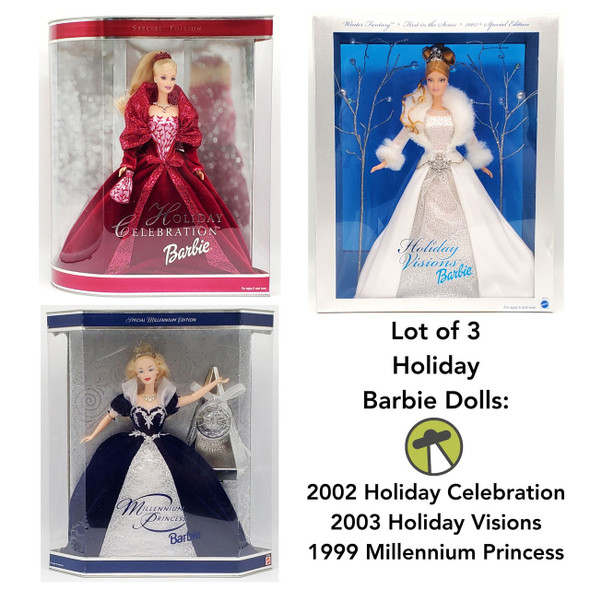 Barbie Lot of 3 Holiday Barbie Dolls 1999 Millennium, 2002 Celebration, & 2003 Visions 