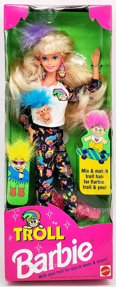 Troll Barbie Doll & Mini Troll Necklace & Cool Changeable Troll Hair 1992 Mattel