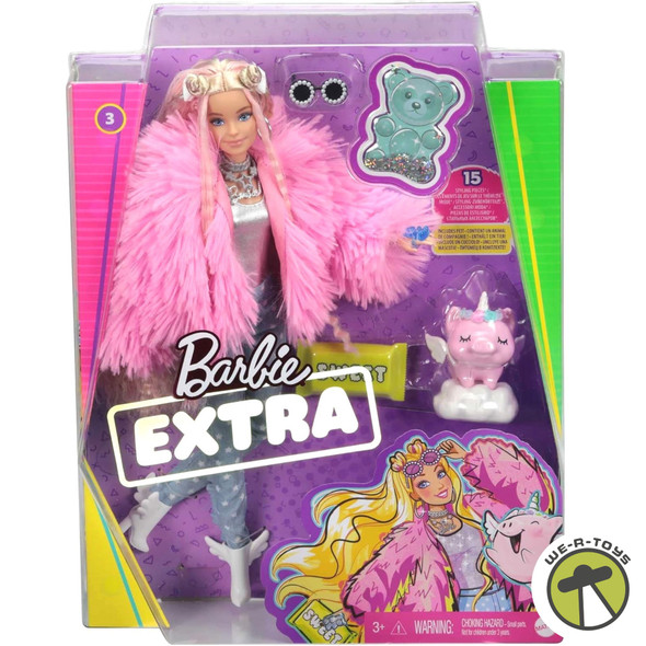 Barbie Extra Doll #3 in Pink Fluffy Coat with Pet Unicorn 2020 Mattel GRN28