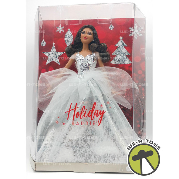 2021 Holiday Barbie Doll GXL20 Mattel Brunette In White & Silver Gown