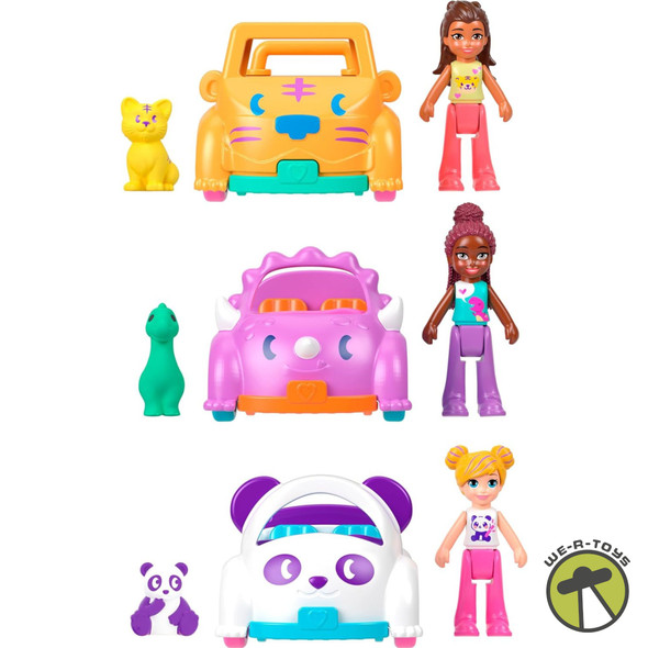 Polly Pocket Dolls & Vehicles Set with 3 Micro Dolls, 3 Pets & 3 Animal Cars
