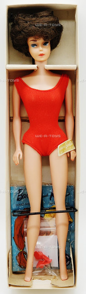 Vintage 1962 Dark Brown Bubble Cut Barbie Doll in Red Swimsuit By Mattel Japan