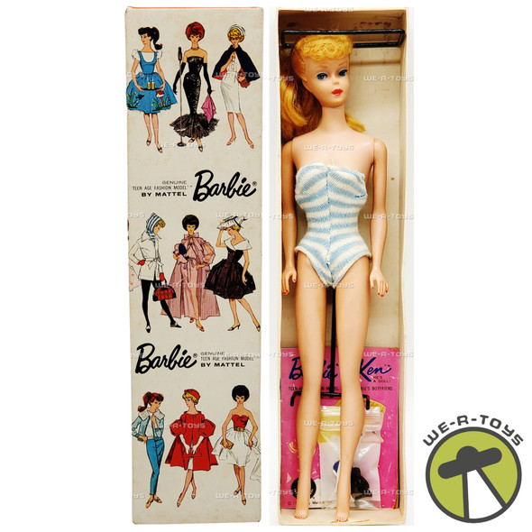 Vintage 1961 Blonde Ponytail Barbie Doll Blue Striped Swimsuit No. 3 Mattel 850