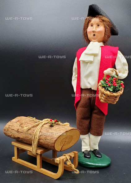 Byers Choice Colonial Caroler with Holly Basket and Yule Log on a Sled 2001 USED