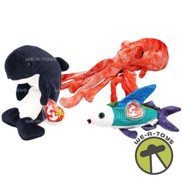 Ty Beanie Babies Lot of 3 Ocean Creatures Plush Orca, Squid, and Flying Fish
