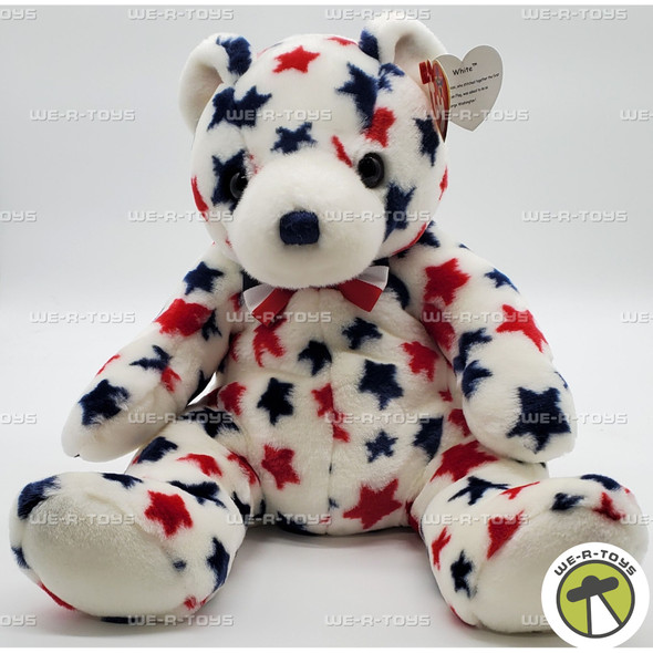 Ty Beanie Buddy White the Bear with Blue and Red Stars Plush
