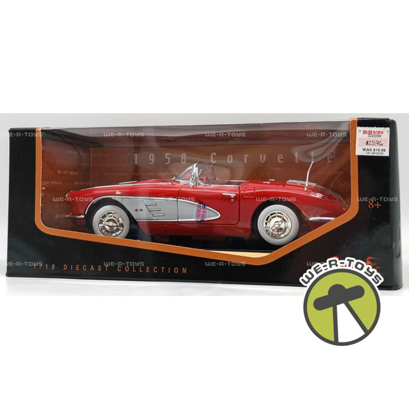 Motormax 1958 Corvette Red Convertible Die Cast Vehicle 1:18 Scale On Base