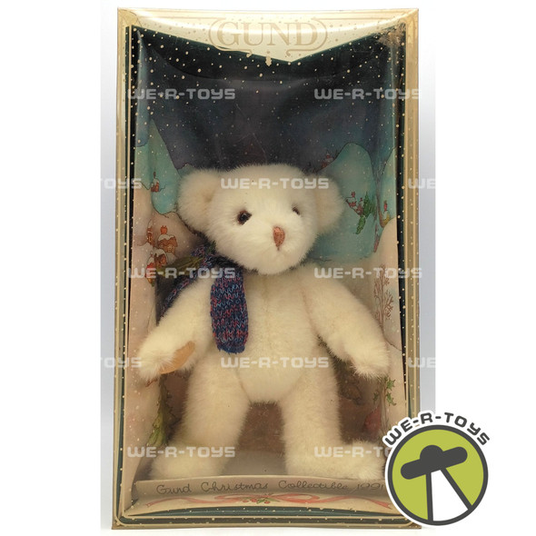 Gund Christmas Collectible 1991 White Bear 9 Inch Teddy Bear Plush With Scarf