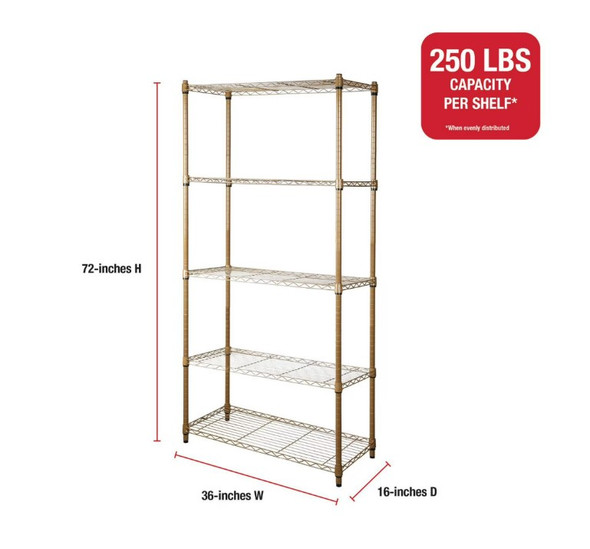 Rubbermaid 5-Tier Heavy Duty Gold Wire Shelving Unit, 1250lb Capacity