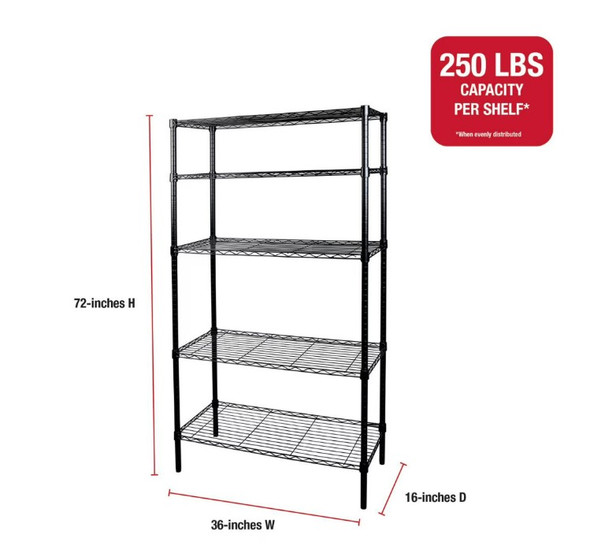 Rubbermaid Heavy Duty 5-Tier Black Wire Shelving Unit, 1250lb Capacity