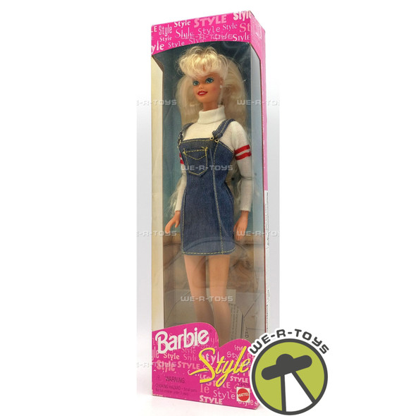 Style Barbie Doll #14476 Mattel 1996 Blonde In Denim Jumper Fashion w/ Blue Eyes
