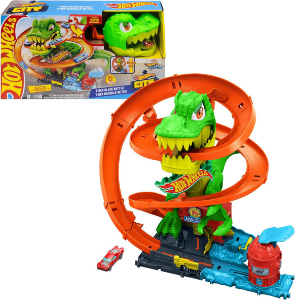 Hot Wheels City T-Rex Blaze Battle & 1:64 Scale Die-Cast Toy Car​​