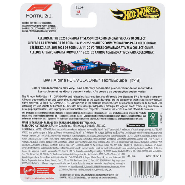 Hot Wheels Premium BWT Alpine Formula One Team #43 Car 2025 Franco Colapinto