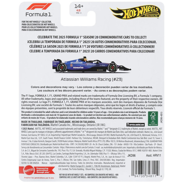 Hot Wheels Premium F1 Atlassian Williams Racing #23 Diecast Car 2025 Alex Albon