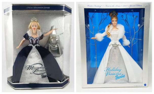 Lot of 2 Holiday Barbie 2000 Millennium Princess & Holiday Visions (WEAR/DAMAGE)