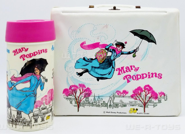 Disney Mary Poppins Vinyl Lunchbox and Thermal Cup Walt Disney 50 Years Aladdin USED