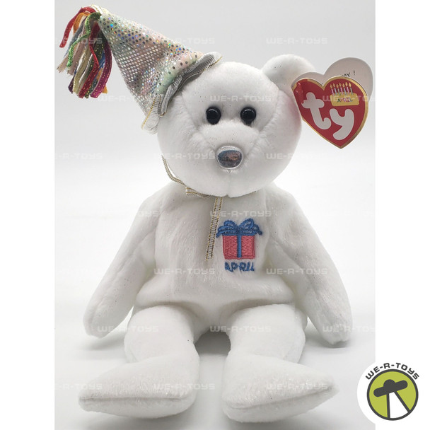 TY Beanie Babies 2002 April White Birthday Collection Bear Plush Toy New