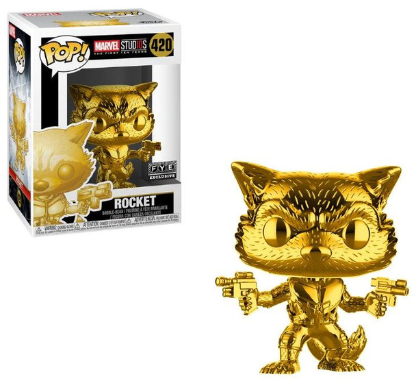 Funko Pop Marvel Studios 420 Rocket Gold Chrome FYE Exclusive BobbleHead Figure