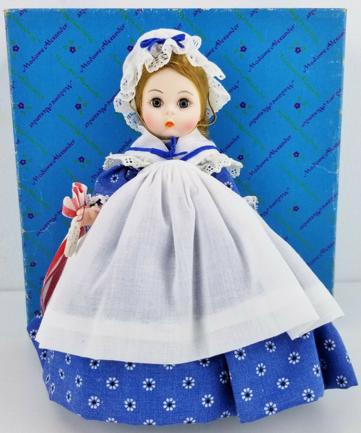 Madame Alexander 8" Betsy Ross Doll #431 Blue Dress 1983 w/ Flag & Stand NIB