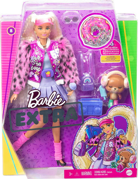 Barbie Extra Doll #8 with 15 Styling Pieces and Pet Teddy Bear 2020 Mattel GYJ77