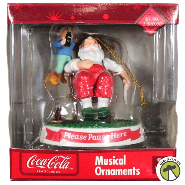 Coca-Cola Christmas Musical Ornament Santa in Chair with Elf