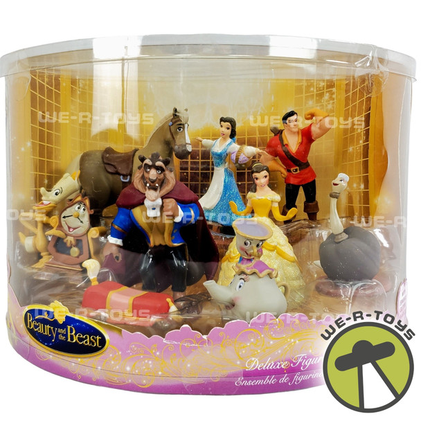 Disney Store Beauty and the Beast Deluxe Figurine Set 9 Pieces with Glitter NRFB