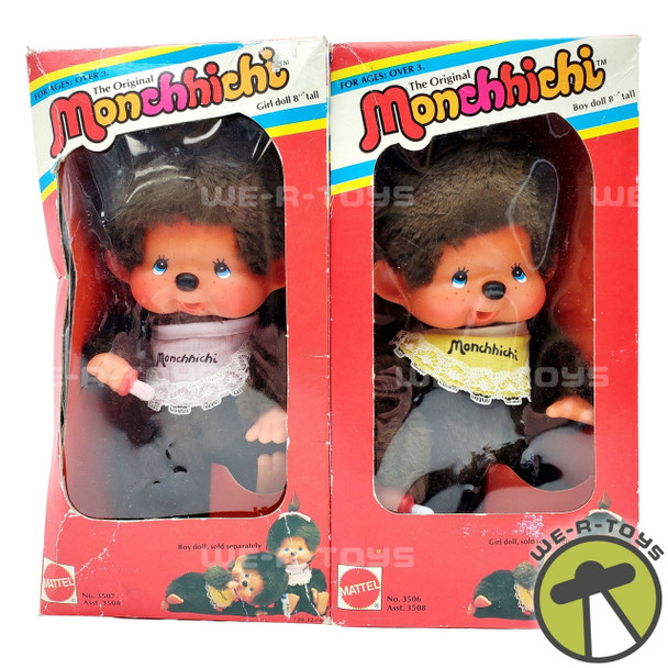 Monchhichi Original Doll Boy and Girl Lot of 2 1980 Mattel #3506/3507 NRFB