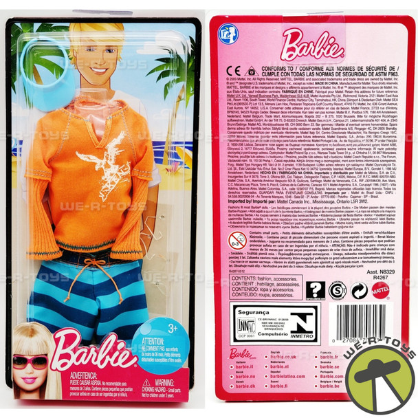 Barbie Ken Fashion Orange Beach Shirt Blue Swim Trunks 2009 Mattel R4267