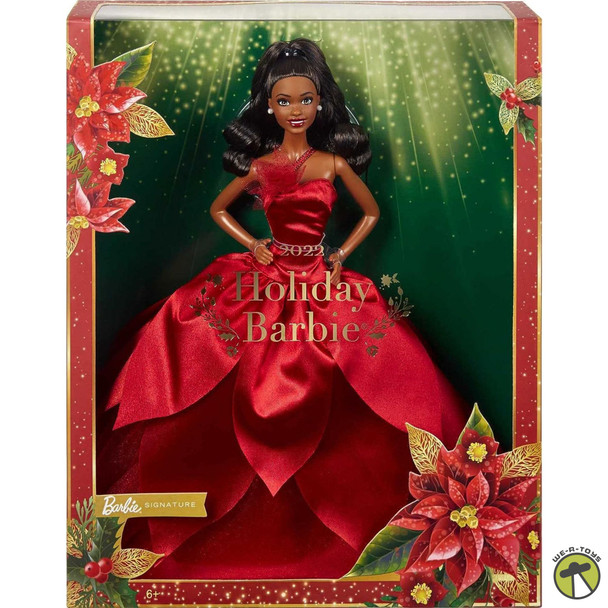 Barbie Signature 2022 Holiday Barbie Doll Dark-Brown Wavy Hair African American