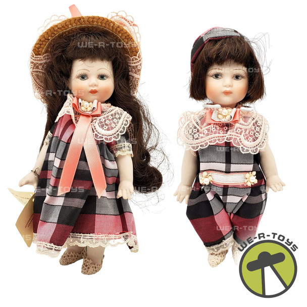 Le Bambole Di Arianna Porcelain Bisque Boy and Girl Twin 6in Dolls & Stands