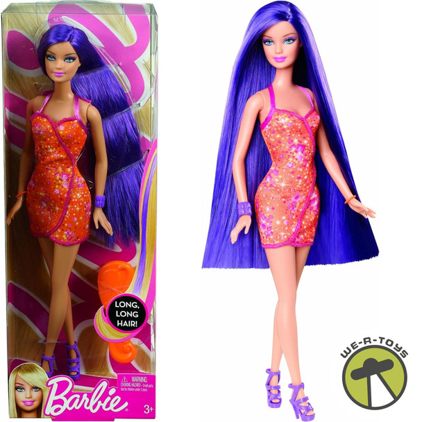 Barbie Hairtastic Orange Dress Long Purple Hair Doll 2012 Mattel Y9928