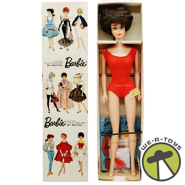 Vintage 1962 Dark Brown Bubble Cut Barbie Doll in Red Swimsuit By Mattel Japan