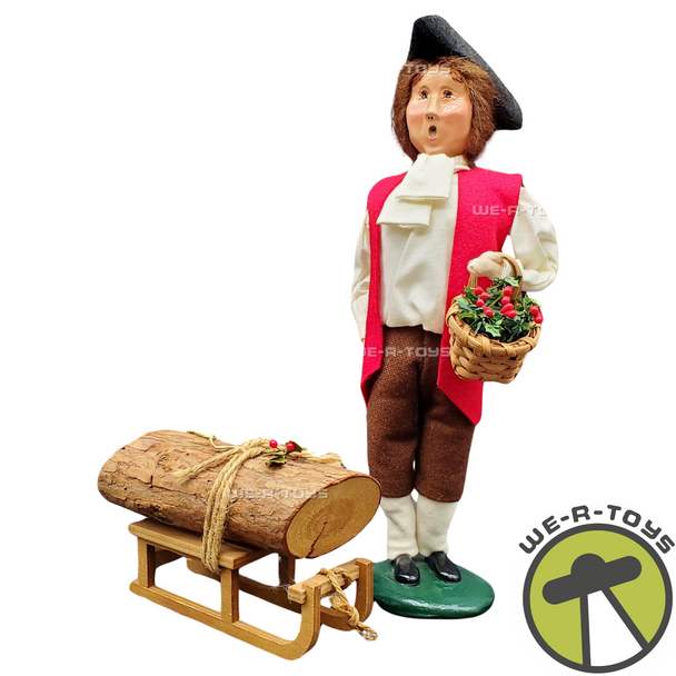 Byers Choice Colonial Caroler with Holly Basket and Yule Log on a Sled 2001 USED