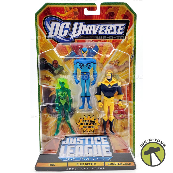 DC Universe JLU Fire, Blue Beetle, and Booster Gold Figures Mattel V7992 NRFP