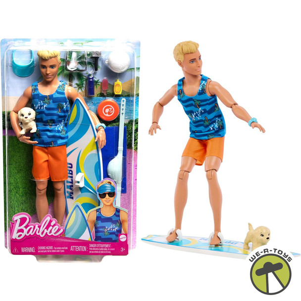 Barbie Poseable Blonde Ken Beach Doll with Surfboard and Pet Puppy Mattel HPT50