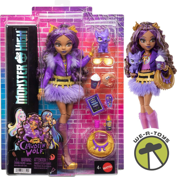Monster High Doll, Clawdeen Wolf in Purple Moto Jacket and Furry Skirt with Pet Wolf Pup Crescent and 7 Accessories Like Book, Croissant and Purse